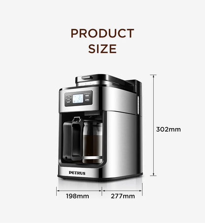 Petrus Automactic Coffee Machine Stainless Steel Drip Coffee Maker 10-cup With Built-In Grinder and Brew Strength Control