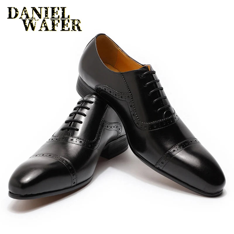 Luxury Men's Genuine Leather Shoes Handmade Office Wedding Dress Red Black Pointed Cap Toe Lace Up Oxford Formal Shoes for Men