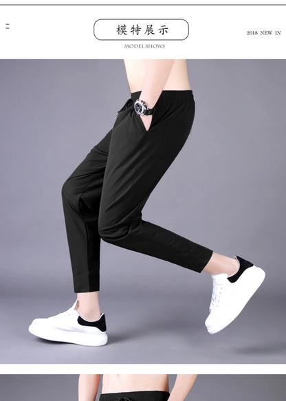 Men's Summer Thin Pants Korean Trend Nine Straight Tube Loose Ice Silk Elastic Sweatpants For Boys Spring And Autumn Student