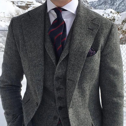 Gray Wool Tweed Winter Men Suit's For Wedding Formal Groom Tuxedo Herringbone Male Fashion 3 Piece Suit (Jacket + Vest + Pants)