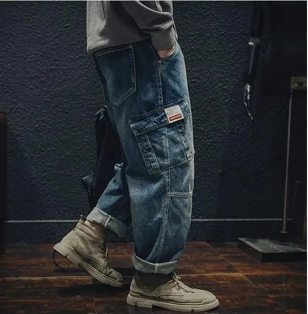 Autumn Winter Cargo Jeans Men's Loose Multi-pocket Casual Tide Denim Pants Baggy Fashion Trousers