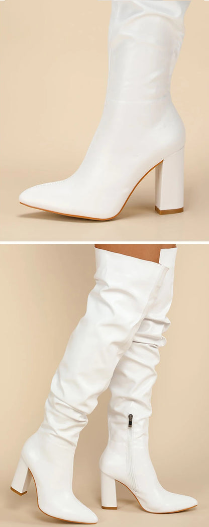 Eilyken Fashion White Pleated Women Over-the-Knee Boots Sexy Pointed Toe Square Heels Ladies Long Zipper Female Shoes