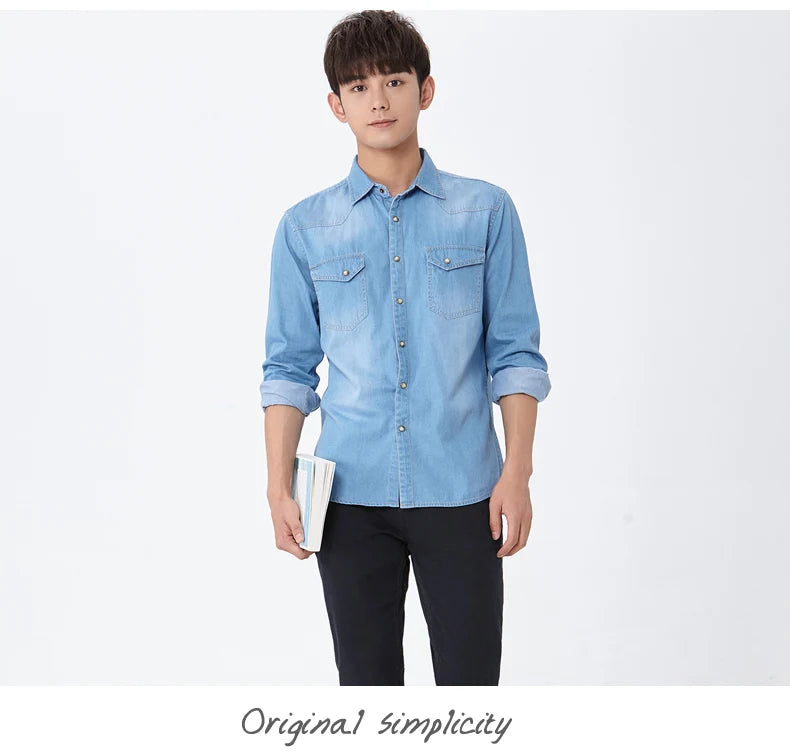 Fashion Men Denim Shirt Thin Long Sleeve Soft Cotton Double Pockets Slim Slight Elastic Jeans Blue Tops Cowboy Clothing