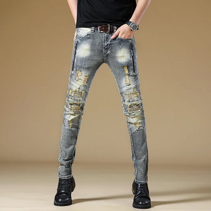 High-quality New Mens Ripped Jeans Cotton Black Slim Skinny Motorcycle Jeans Men Vintage Distressed Denim Jeans Hiphop Pants