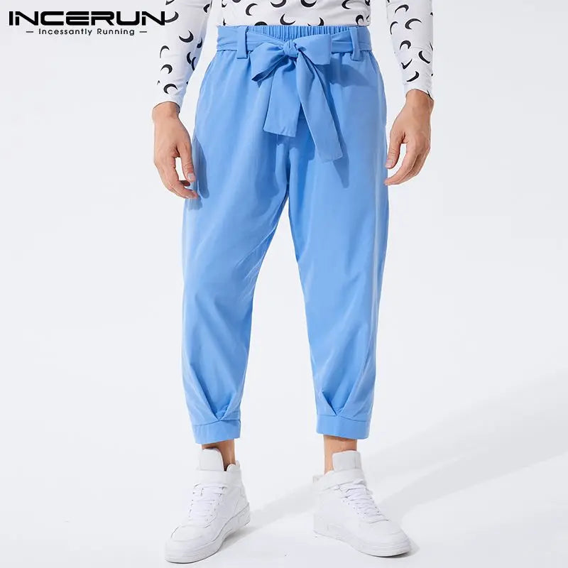 Men Pants Solid Color Joggers 2023 Baggy Lace Up Fashion Casual Trousers Men Streetwear Leisure Pantalon With Belt 5XL INCERUN 7