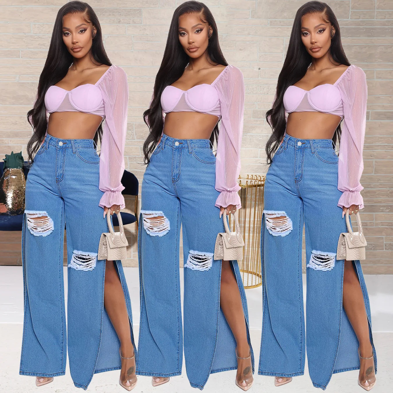 Blue Sexy Hole Jeans Women Stretch Split Wide Leg Denim Flare Long Pants Spring Autumn New High Street Ladies Fashion Club