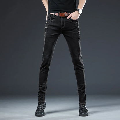 Trendy Men Clothing Slim Button Black Jeans Solid Color Stretch Skateboard Multi-button Youth Male Skinny Denim Pants