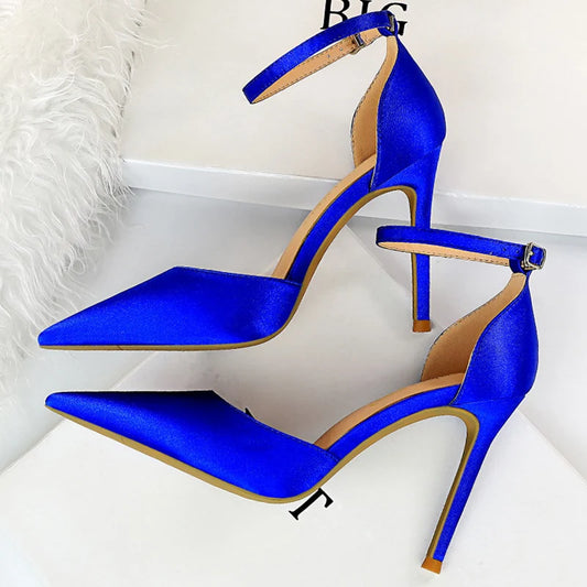 Bigtree Shoes Women High Heels 10cm Sexy Sandals Wedding Bridal Shoes Silk Glitter Heels Fetish Stiletto Woman Pumps Blue 34-43