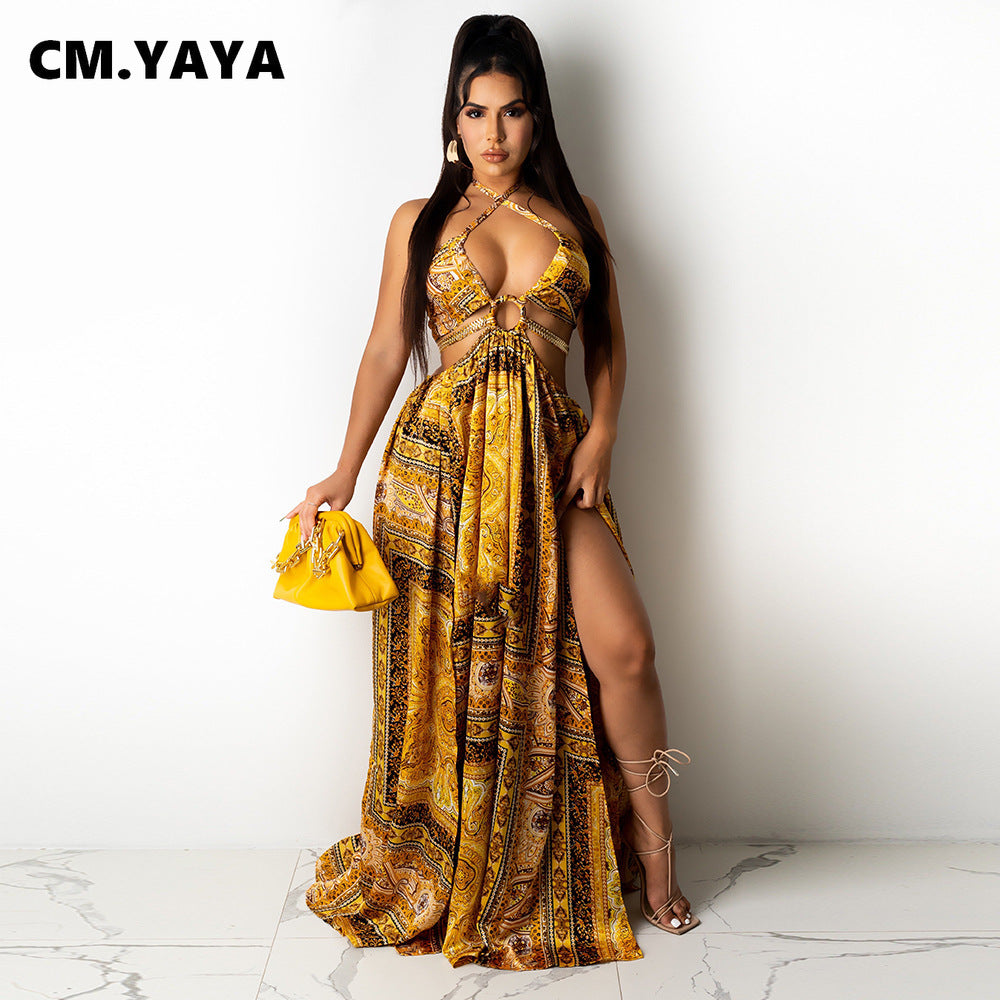 CM.YAYA Women Long Dress Print Sleeveless Halter Bandage Hollow Out Splited Maxi Dresses Sexy Night Party Vestidos Summer Outfit