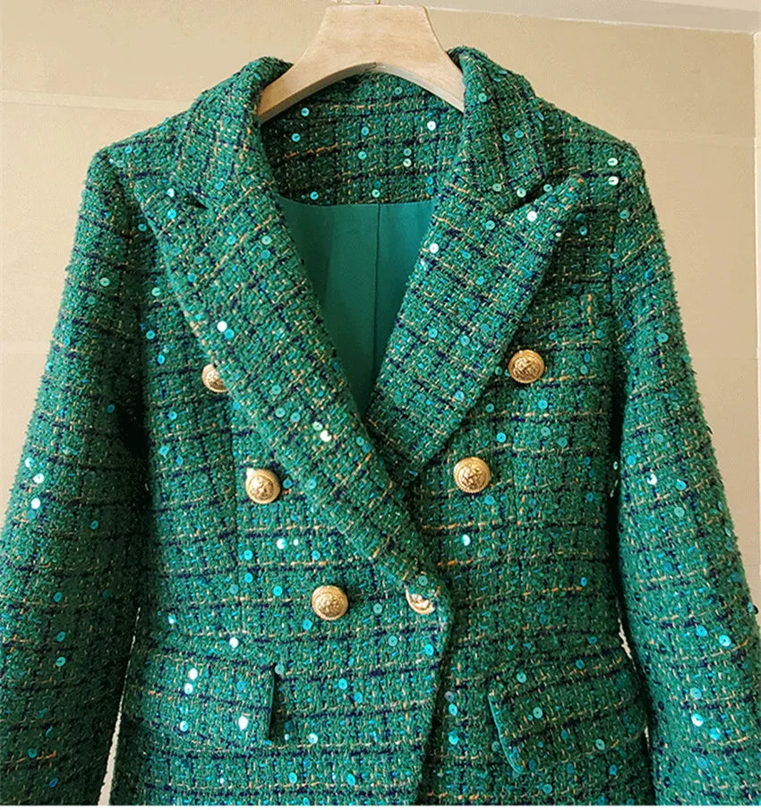 2023 New High Quality Autumn Winter Green Plaid Tweed Jacket Coat Vintage Women Turn Down Collar Sequined Thick Slim Outerwear