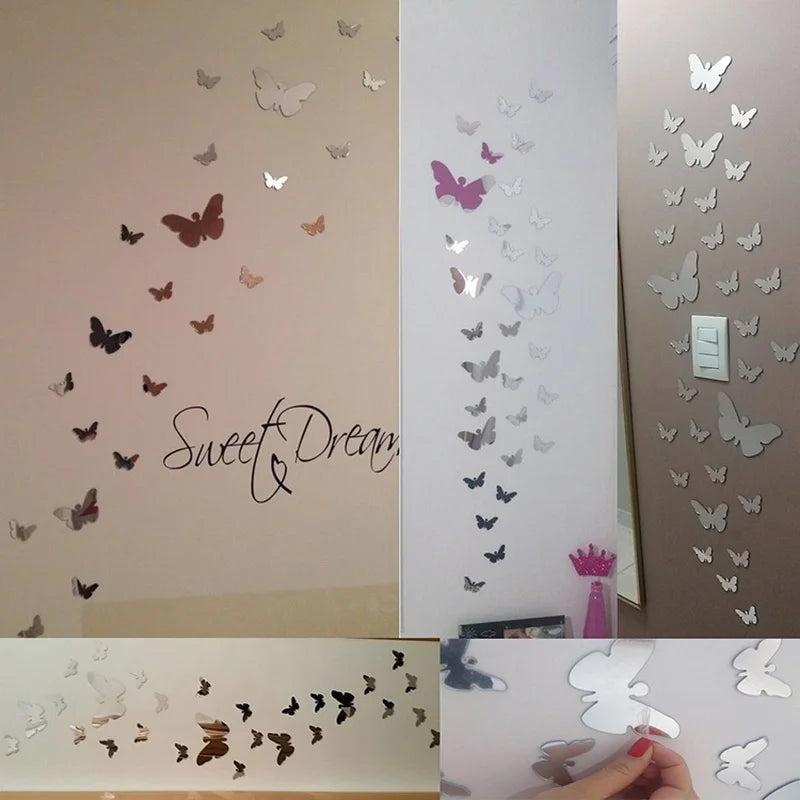 12Pcs/lot 3D Butterfly Mirror Wall Sticker Decal Wall Art Removable Wedding Decoration Kids Room Decoration Sticker