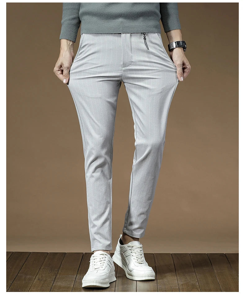 Fashion High Quality OUSSYU Men Pants Straight Long Classic Business Brand Thin England Stripe Casual Full Trousers Male 36 38