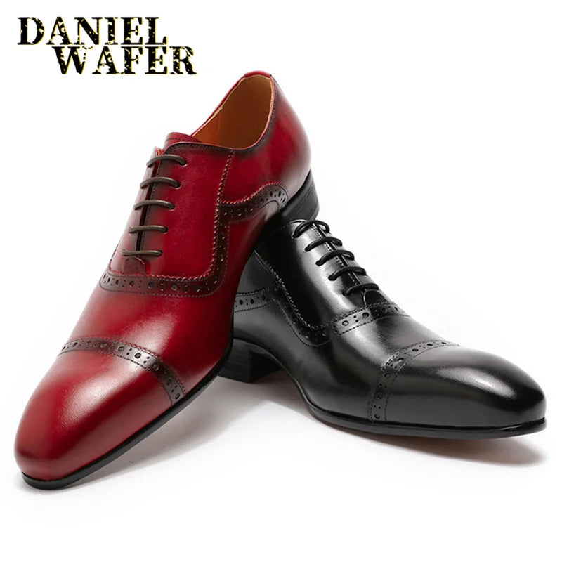 Luxury Men's Genuine Leather Shoes Handmade Office Wedding Dress Red Black Pointed Cap Toe Lace Up Oxford Formal Shoes for Men