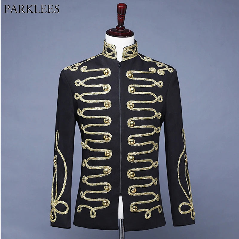 Men's Steampunk Military Drummer Blazer Jacket Stand Collar Zipper Punk Gothic Parade Jacket Men Prom Vintage Suit Jacket Male