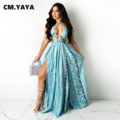 CM.YAYA Women Long Dress Print Sleeveless Halter Bandage Hollow Out Splited Maxi Dresses Sexy Night Party Vestidos Summer Outfit