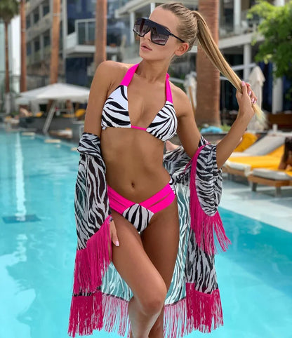 Sexy Splicing Zebra Halter Brazilian Bikini Women Swimsuit Female Thong Swimwear Two Piece Bikini Set High Cut Bathing Suit Swim