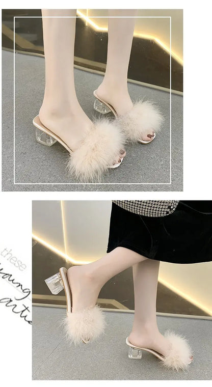 New Summer Fluffy Peep Toe Sexy High Heels Women Shoes Fur Feather Lady Fashion Wedding Slip-On Pink Square Toe Women Sandals