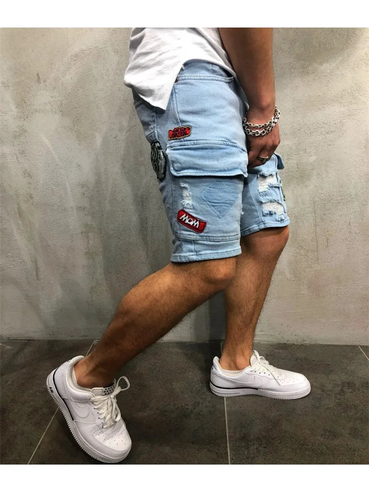 Summer New Men's Stretch Straight Short Jeans Fashion Casual Slim Fit High Quality Elastic Badge Pockets Hole Denim Shorts Male