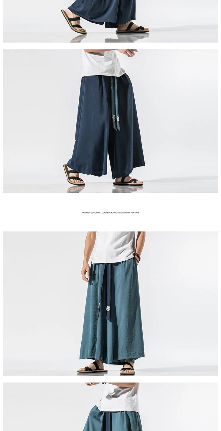 2024 Men Wide Leg Pants Mens Cotton Joggers Retro Loose Trousers Man Chinese Style Linen Pants Male Big Crotch Nepal Robe Pants