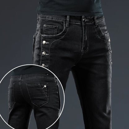 Trendy Men Clothing Slim Button Black Jeans Solid Color Stretch Skateboard Multi-button Youth Male Skinny Denim Pants