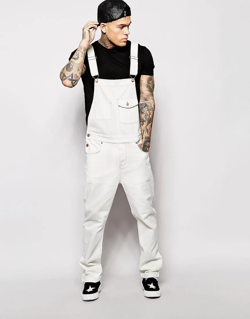 New Denim White Overalls Slim Men's Trousers New Europe and America Bib Men Spring and Autumn Casual Solid Color Mens Jeans