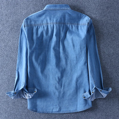 Fashion Men Denim Shirt Thin Long Sleeve Soft Cotton Double Pockets Slim Slight Elastic Jeans Blue Tops Cowboy Clothing