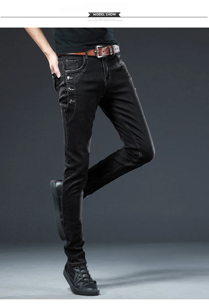 Trendy Men Clothing Slim Button Black Jeans Solid Color Stretch Skateboard Multi-button Youth Male Skinny Denim Pants