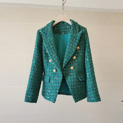 2023 New High Quality Autumn Winter Green Plaid Tweed Jacket Coat Vintage Women Turn Down Collar Sequined Thick Slim Outerwear