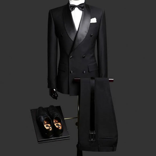 Slim Fit Men Suits with Double Breasted Black Formal Wedding Groom Tuxedos 2 Piece Business Male Fashion Set Jacket with Pants