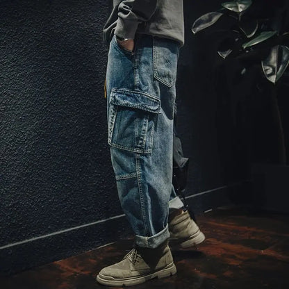 Autumn Winter Cargo Jeans Men's Loose Multi-pocket Casual Tide Denim Pants Baggy Fashion Trousers