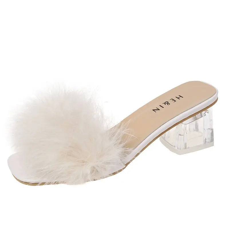 New Summer Fluffy Peep Toe Sexy High Heels Women Shoes Fur Feather Lady Fashion Wedding Slip-On Pink Square Toe Women Sandals