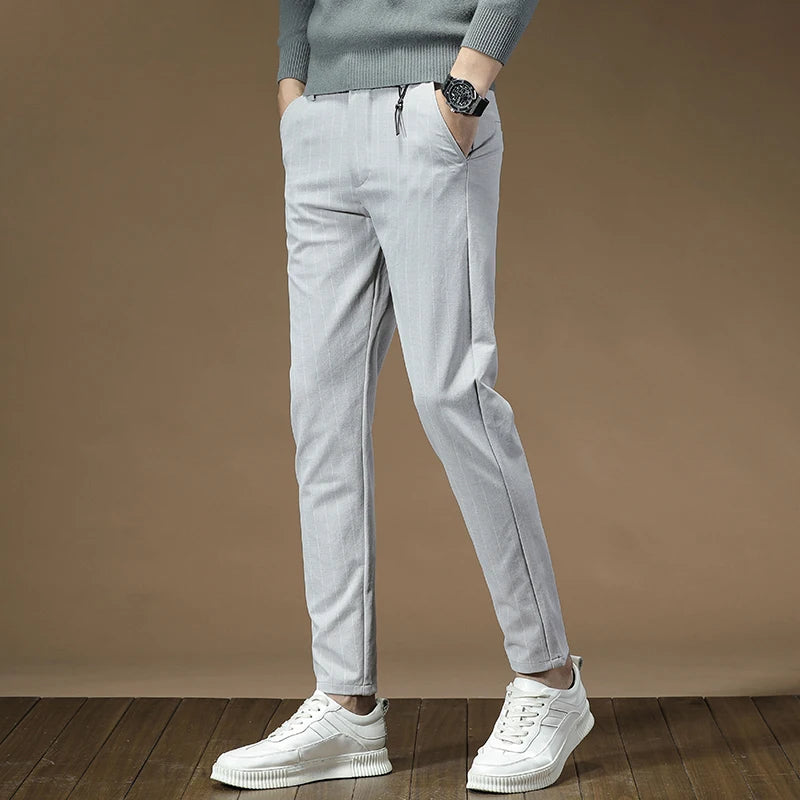 Fashion High Quality OUSSYU Men Pants Straight Long Classic Business Brand Thin England Stripe Casual Full Trousers Male 36 38