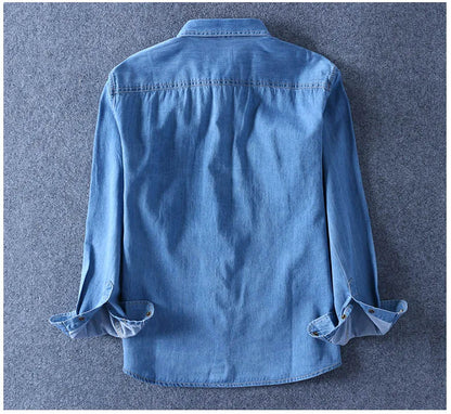 Fashion Men Denim Shirt Thin Long Sleeve Soft Cotton Double Pockets Slim Slight Elastic Jeans Blue Tops Cowboy Clothing