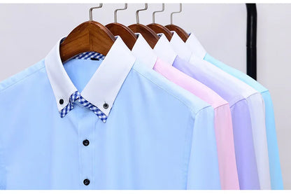 Quality Diamond Men Short Sleeve Shirt Button White Formal Solid Plaids Dress Shirts Turn Down Slim Fit Casual Camisa Masculina