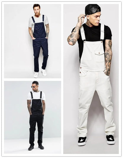 New Denim White Overalls Slim Men's Trousers New Europe and America Bib Men Spring and Autumn Casual Solid Color Mens Jeans