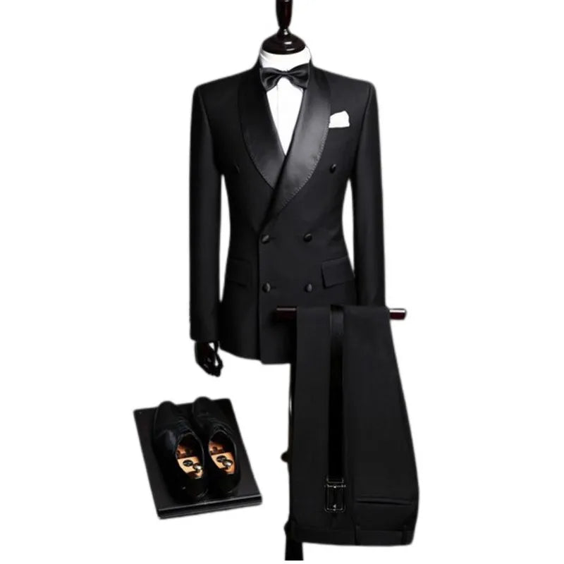 Slim Fit Men Suits with Double Breasted Black Formal Wedding Groom Tuxedos 2 Piece Business Male Fashion Set Jacket with Pants