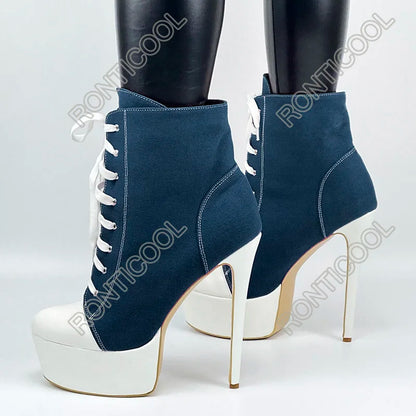 Ronticool Fashion Women Winter Platform Ankle Boots Denim Stiletto Heel Round Toe Black Red Blue Party Shoes Plus US Size 5-20