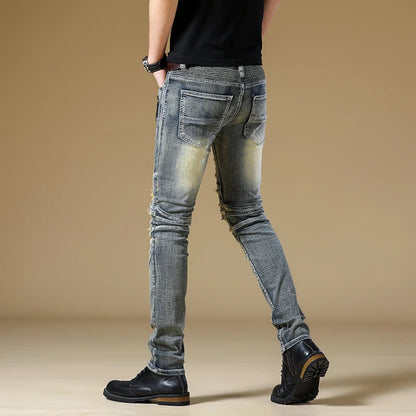 High-quality New Mens Ripped Jeans Cotton Black Slim Skinny Motorcycle Jeans Men Vintage Distressed Denim Jeans Hiphop Pants