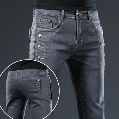 Trendy Men Clothing Slim Button Black Jeans Solid Color Stretch Skateboard Multi-button Youth Male Skinny Denim Pants