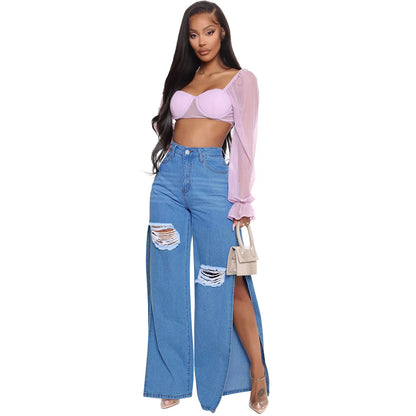 Blue Sexy Hole Jeans Women Stretch Split Wide Leg Denim Flare Long Pants Spring Autumn New High Street Ladies Fashion Club