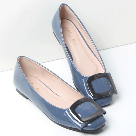 Large Size 41 42 43 44 45 Women Flat Heel Shoes 31 32 33 Square Head Patent Leather Shoes Lady Flats Soft Sole Metal Decoration