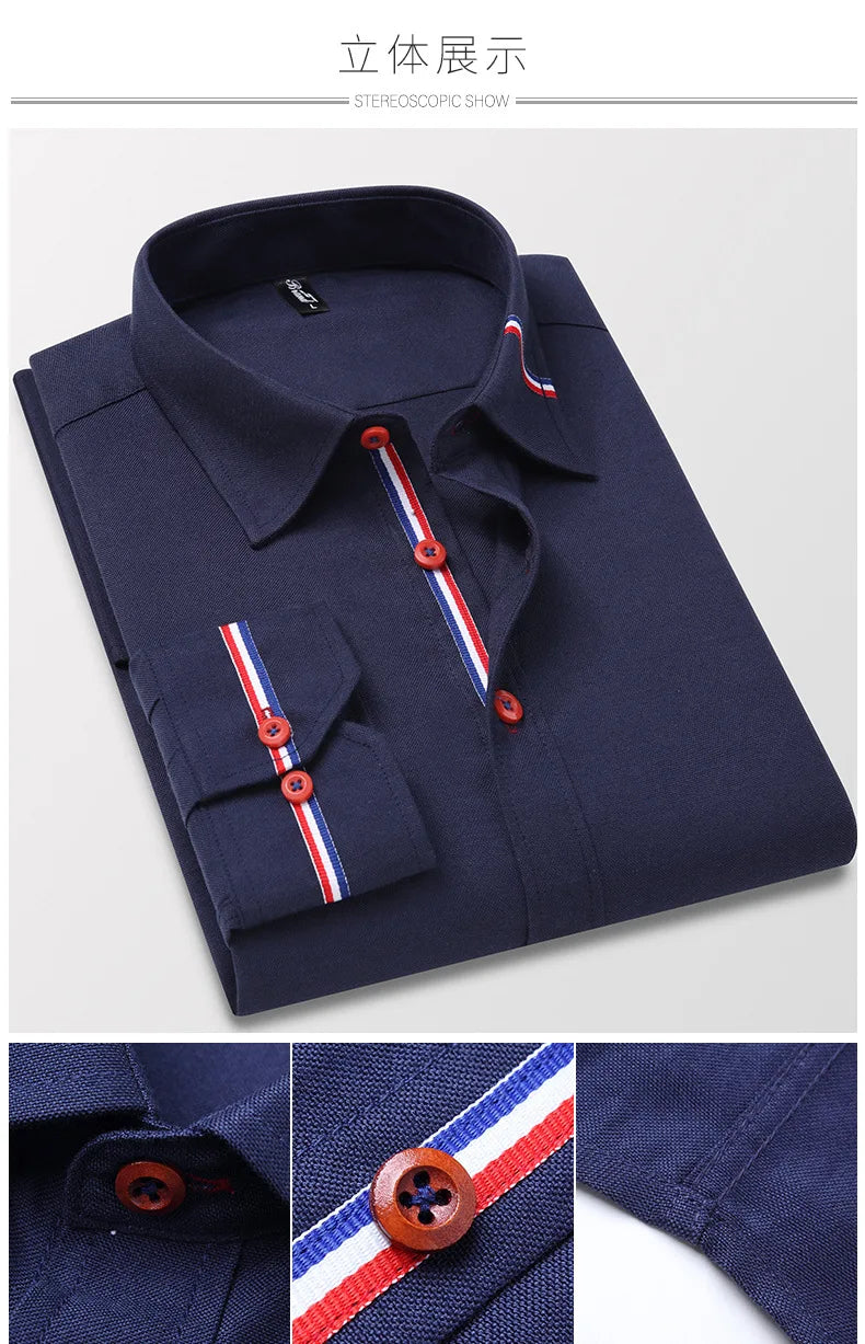 Men's Long Sleeve Oxford Striped Casual Shirt Front Patch Regular-fit Button Down Collar Dress Shirts Camisetas Men Clothing