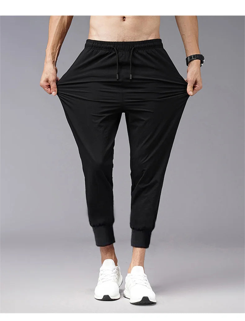 Men's Summer Thin Pants Korean Trend Nine Straight Tube Loose Ice Silk Elastic Sweatpants For Boys Spring And Autumn Student