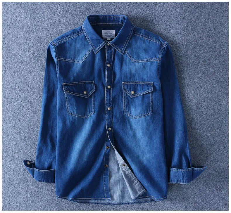 Fashion Men Denim Shirt Thin Long Sleeve Soft Cotton Double Pockets Slim Slight Elastic Jeans Blue Tops Cowboy Clothing