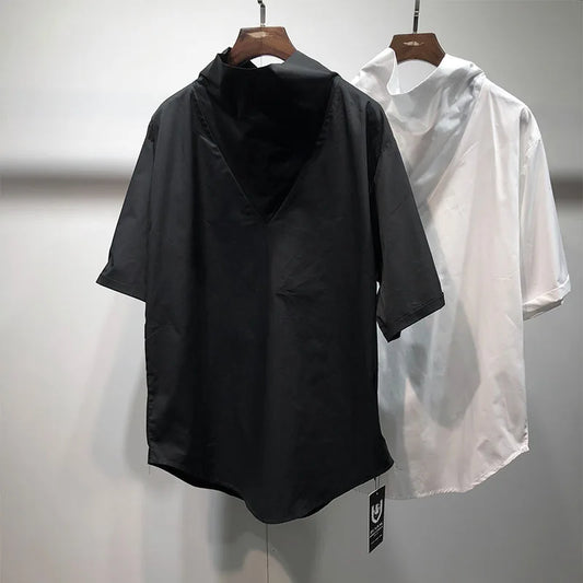 New street fashion men's loose standing collar short sleeve T-shirt Japanese designer original solid color splicing a versatile