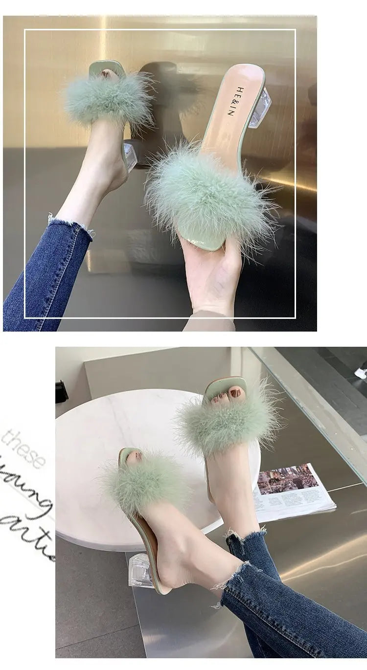 New Summer Fluffy Peep Toe Sexy High Heels Women Shoes Fur Feather Lady Fashion Wedding Slip-On Pink Square Toe Women Sandals