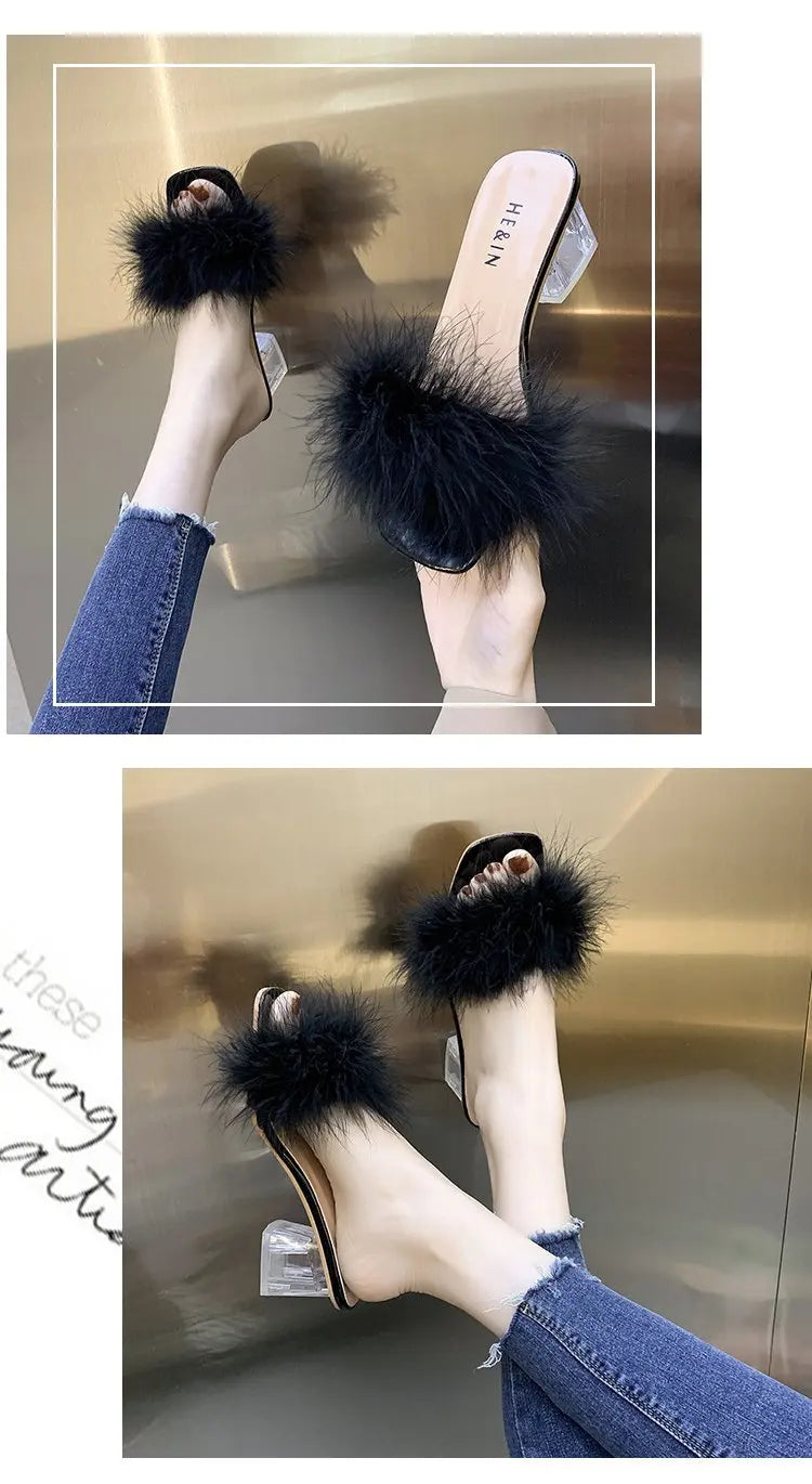 New Summer Fluffy Peep Toe Sexy High Heels Women Shoes Fur Feather Lady Fashion Wedding Slip-On Pink Square Toe Women Sandals