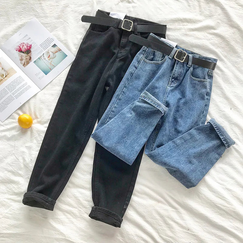 Neploe BF Korean High Waist Jeans Women Solid Belt Harem Pants Loose Casual New High Street Denim Trousers Pantalon Femme 90231