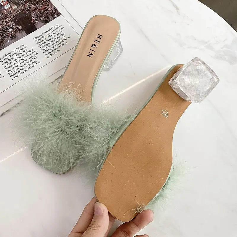 New Summer Fluffy Peep Toe Sexy High Heels Women Shoes Fur Feather Lady Fashion Wedding Slip-On Pink Square Toe Women Sandals