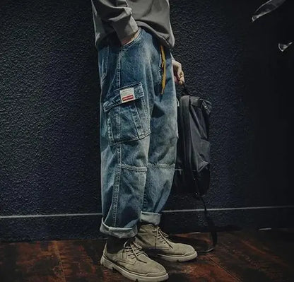 Autumn Winter Cargo Jeans Men's Loose Multi-pocket Casual Tide Denim Pants Baggy Fashion Trousers